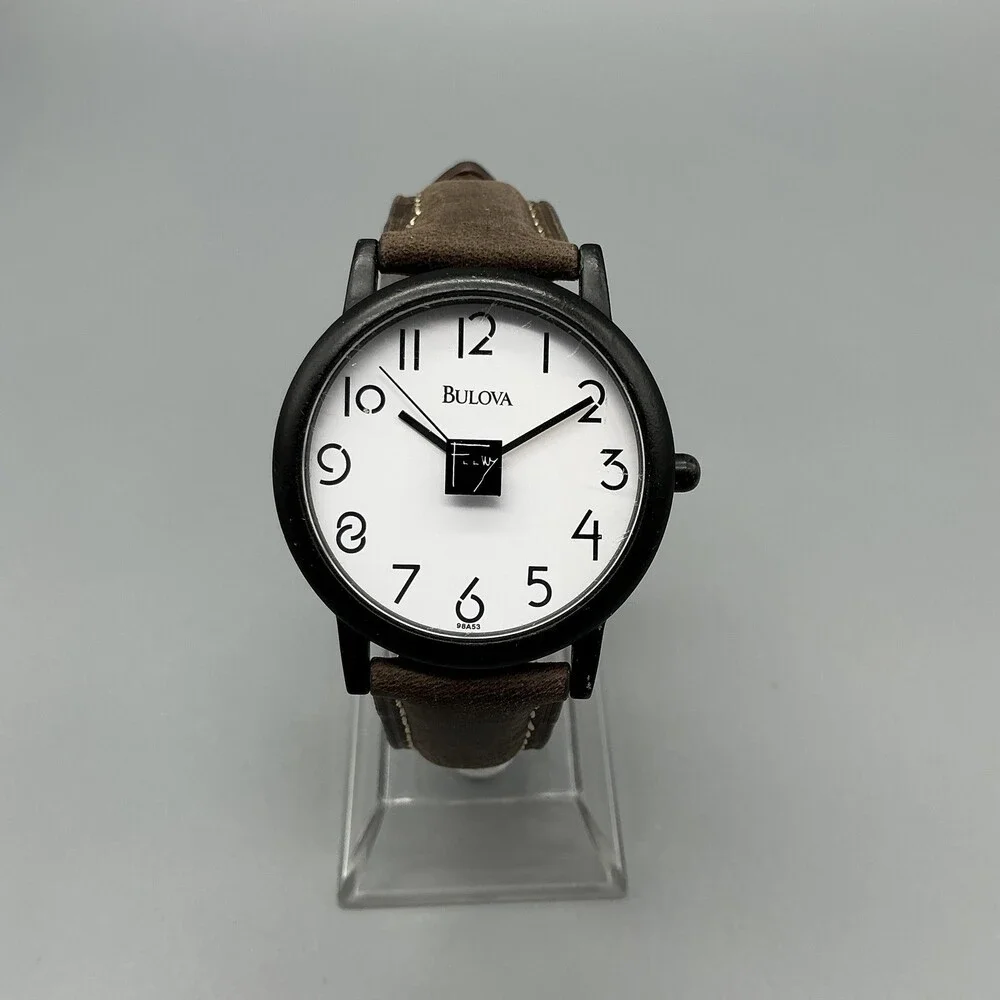 Bulova Frank Lloyd Mens Watch 35mm Black Case Leather Strap New Battery